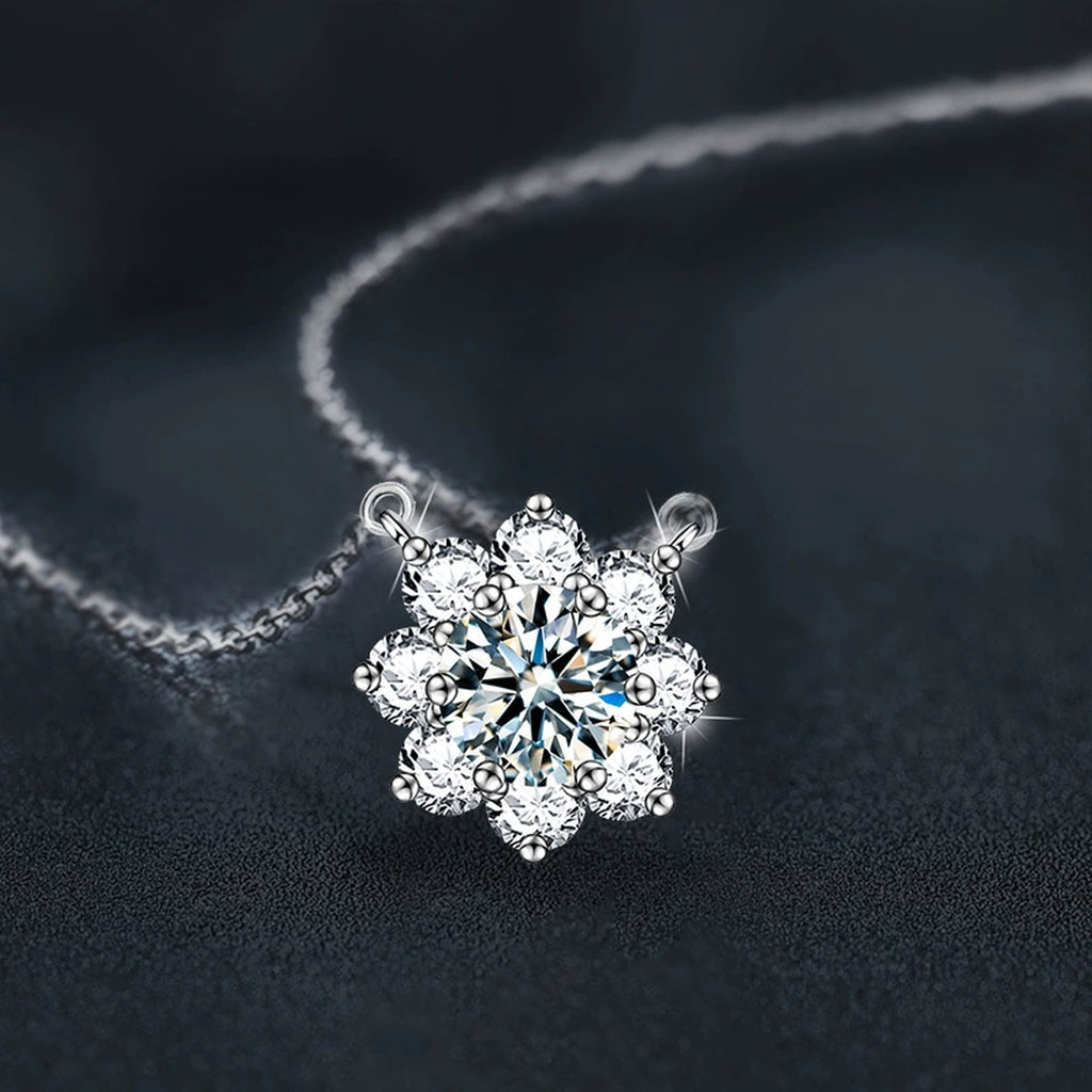 Sunflower Round Moissanite Necklace with CZ in White Gold-Plated S925 sterling silver angled product detail view