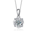 Pinwheel Round Moissanite Necklace with CZ in White Gold-Plated S925 sterling silver white background product photo showing pinwheel pendant with a 5mm round moissanite and CZ-set blades