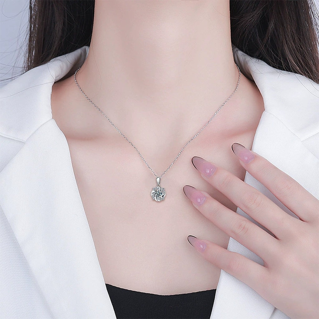 Pinwheel Round Moissanite Necklace with CZ in White Gold-Plated S925 sterling silver neckline model view showing pendant scale and chain length