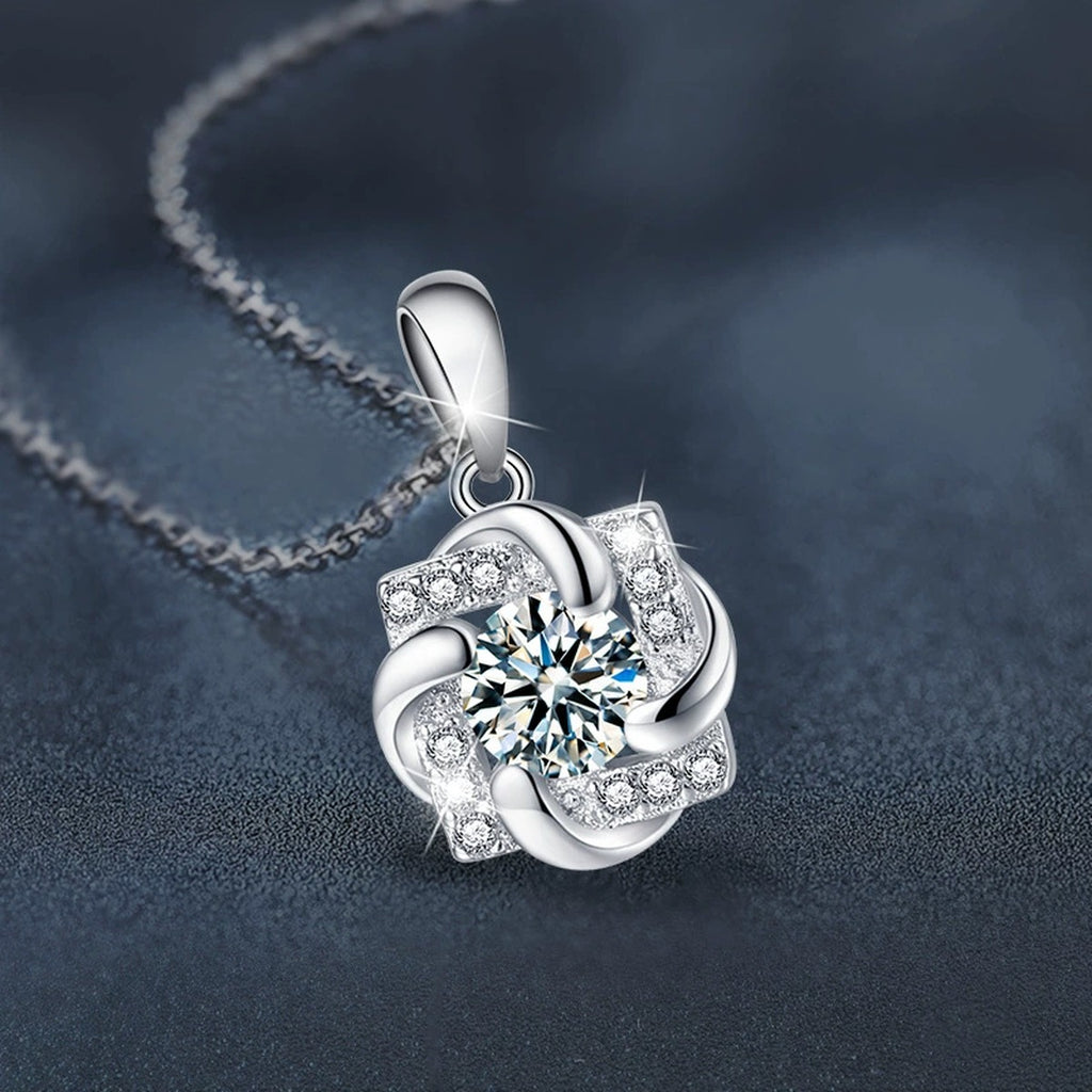 Pinwheel Round Moissanite Necklace with CZ in White Gold-Plated S925 sterling silver blue display scene showing chain and stone layout