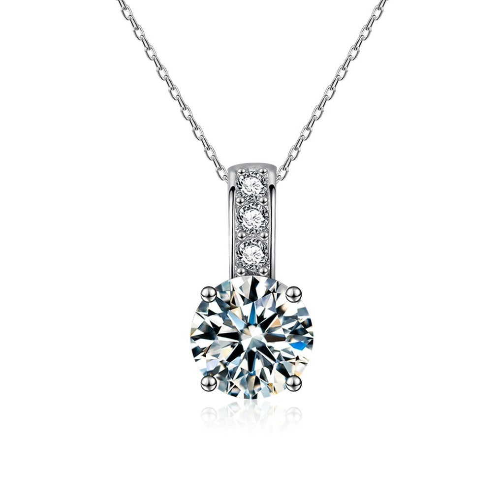 Solitaire Round Moissanite Necklace with CZ in White Gold-Plated S925 sterling silver white background product photo showing slim solitaire pendant with round moissanite options and CZ accent detail