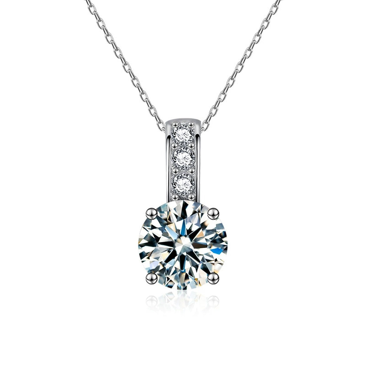Solitaire Round Moissanite Necklace with CZ in White Gold-Plated S925 sterling silver white background product photo showing slim solitaire pendant with round moissanite options and CZ accent detail