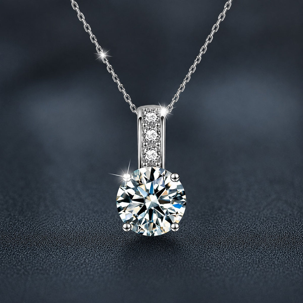 Solitaire Round Moissanite Necklace with CZ in White Gold-Plated S925 sterling silver close-up product scene showing pendant setting