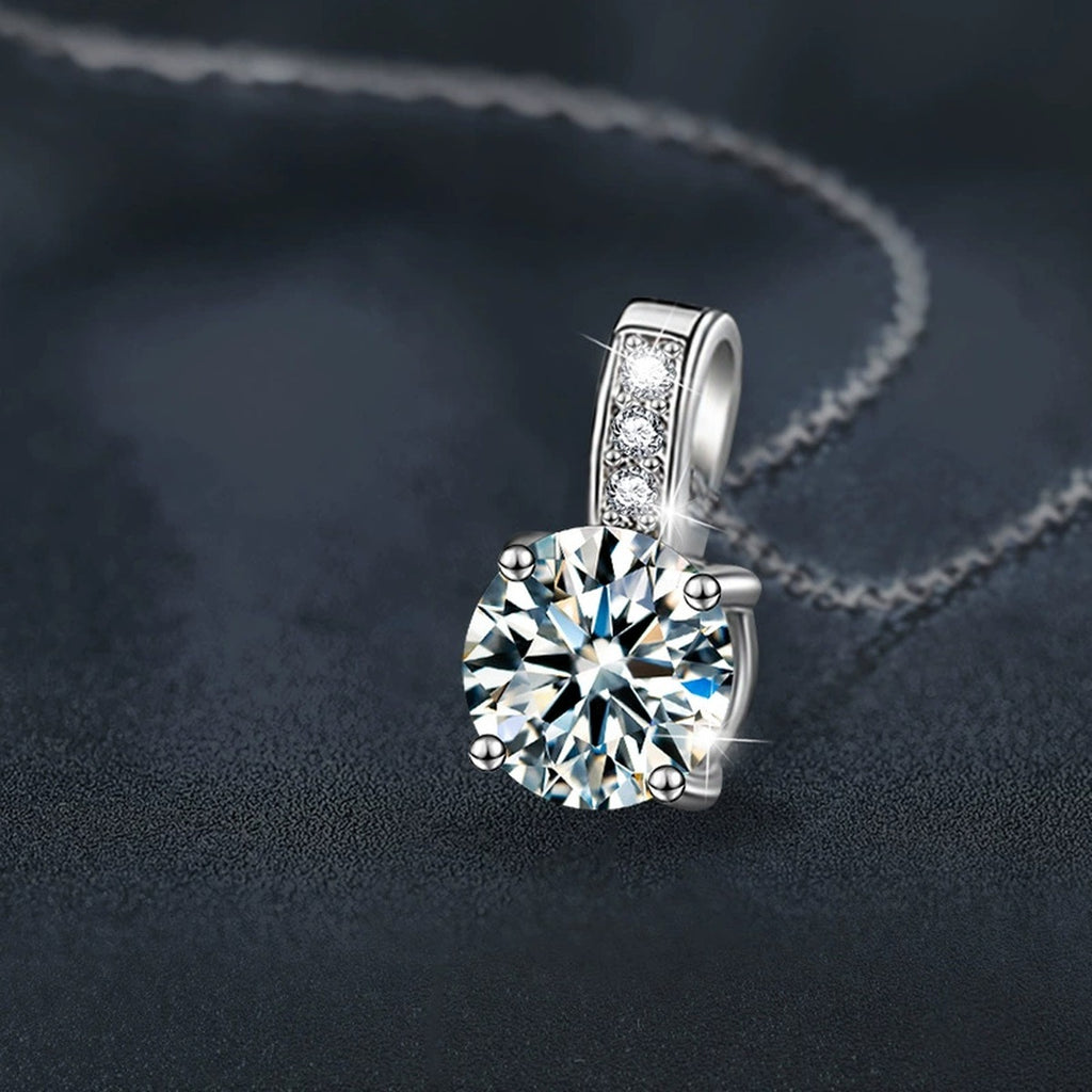 Solitaire Round Moissanite Necklace with CZ in White Gold-Plated S925 sterling silver blue display scene showing chain and stone layout