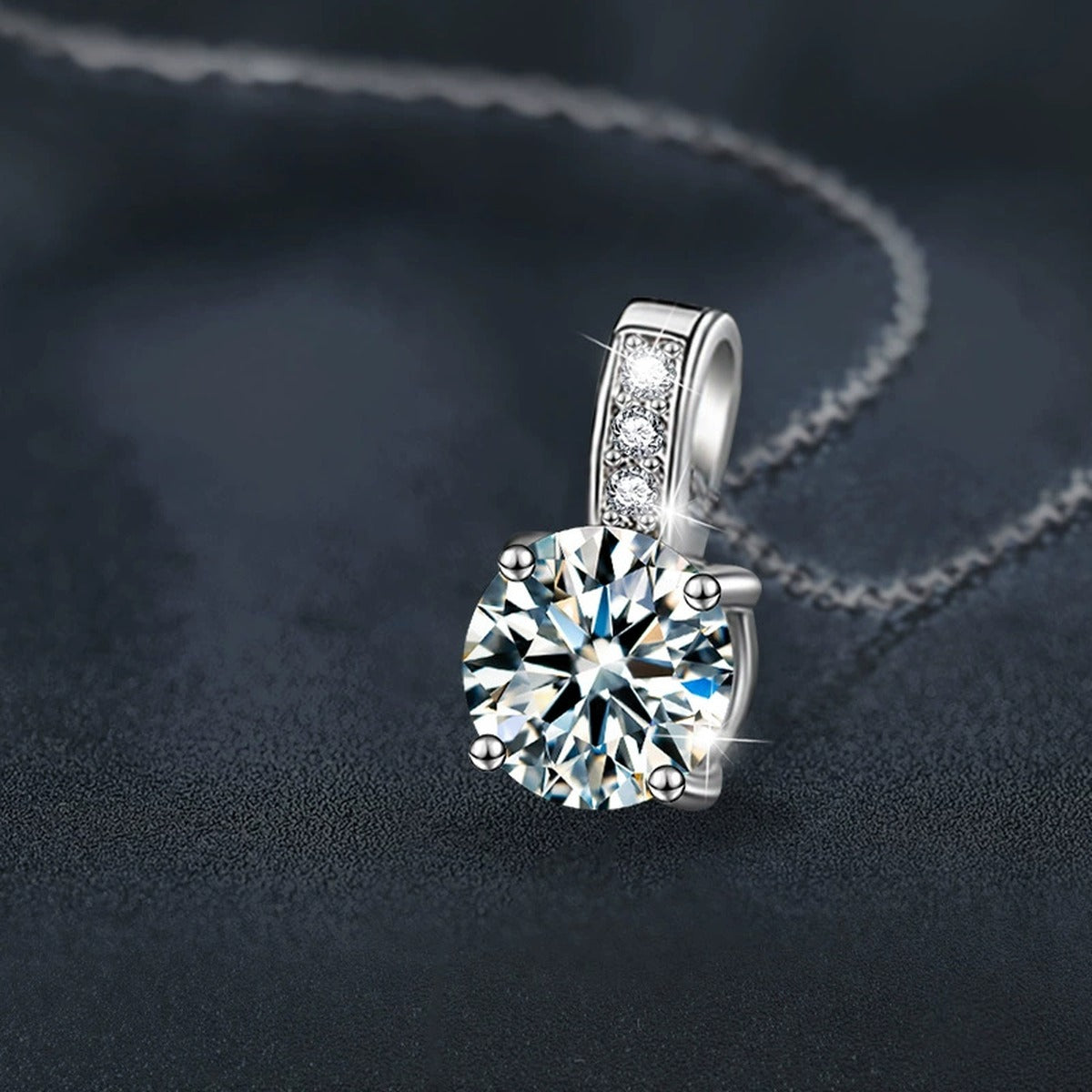 Solitaire Round Moissanite Necklace with CZ in White Gold-Plated S925 sterling silver blue display scene showing chain and stone layout