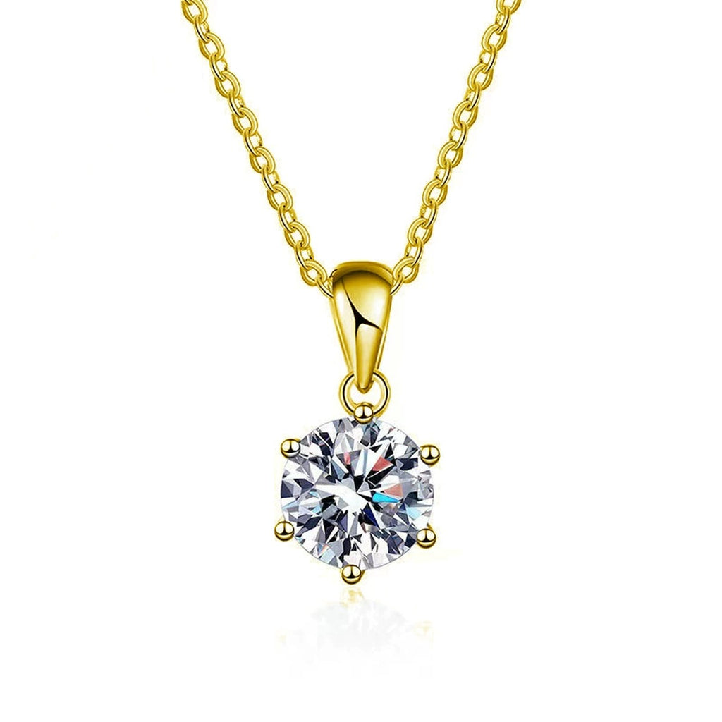 Six-Prong Round Moissanite Necklace in Gold-Plated S925 sterling silver white background product photo showing six-prong solitaire pendant with round moissanite center in white gold or yellow gold plating