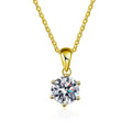 Six-Prong Round Moissanite Necklace in Gold-Plated S925 sterling silver white background product photo showing six-prong solitaire pendant with round moissanite center in white gold or yellow gold plating