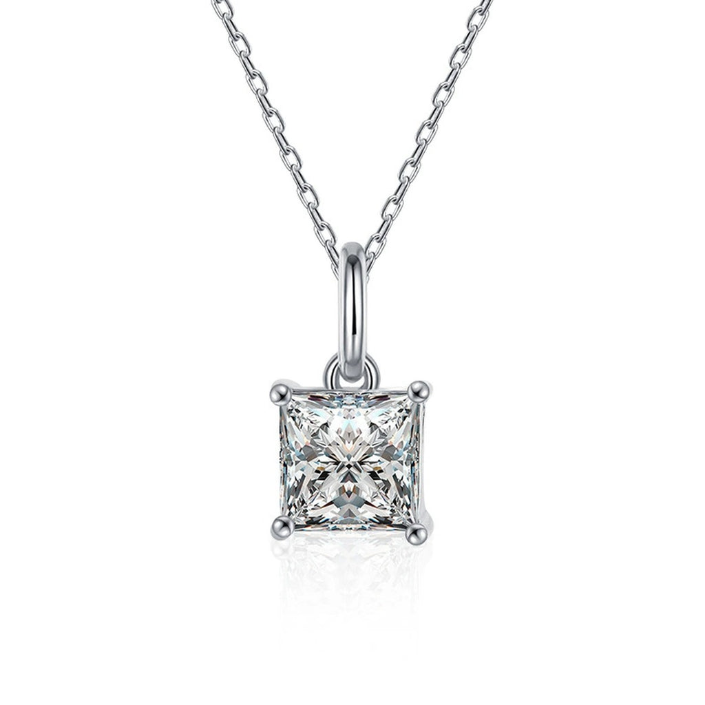 Princess Cut Moissanite Necklace in White Gold-Plated S925 sterling silver white background product photo showing princess-cut moissanite solitaire pendant in a slim white gold-plated setting