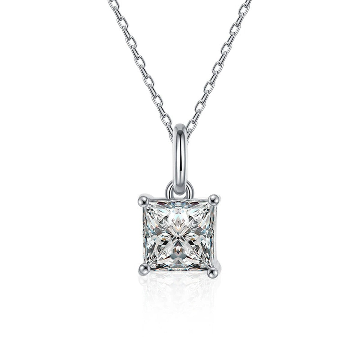 Princess Cut Moissanite Necklace in White Gold-Plated S925 sterling silver white background product photo showing princess-cut moissanite solitaire pendant in a slim white gold-plated setting