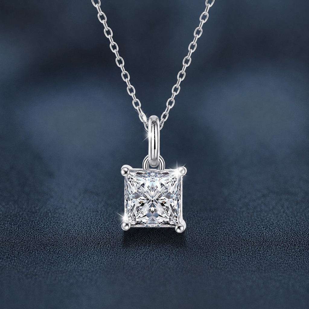 Princess Cut Moissanite Necklace in White Gold-Plated S925 sterling silver close-up product scene showing pendant setting