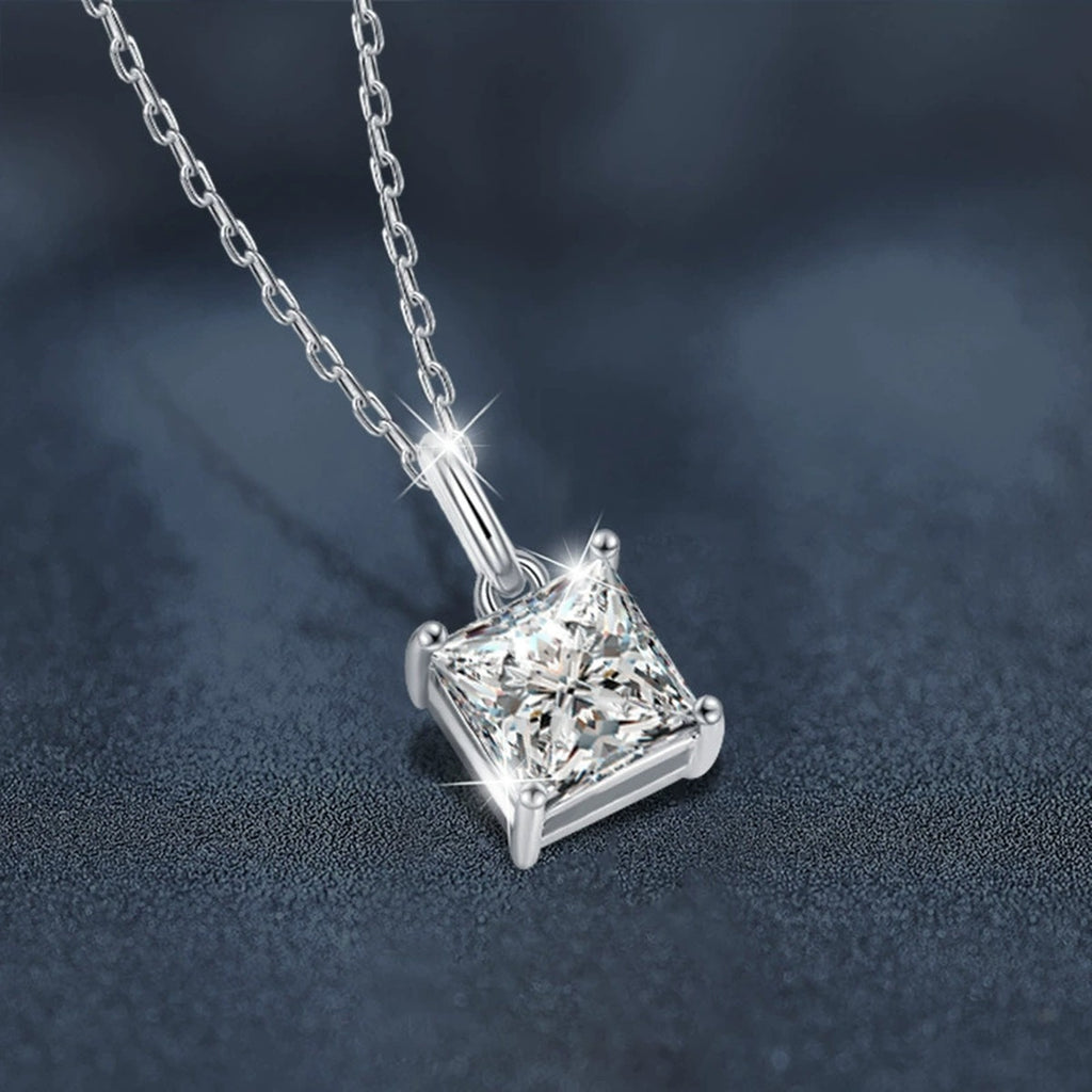 Princess Cut Moissanite Necklace in White Gold-Plated S925 sterling silver blue display scene showing chain and stone layout