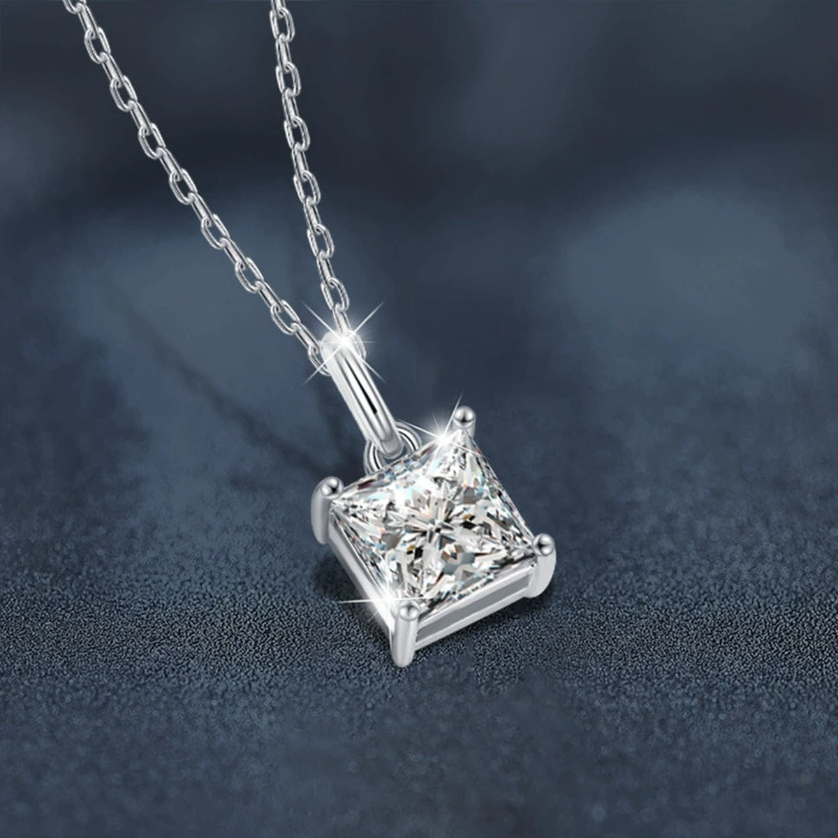 Princess Cut Moissanite Necklace in White Gold-Plated S925 sterling silver blue display scene showing chain and stone layout