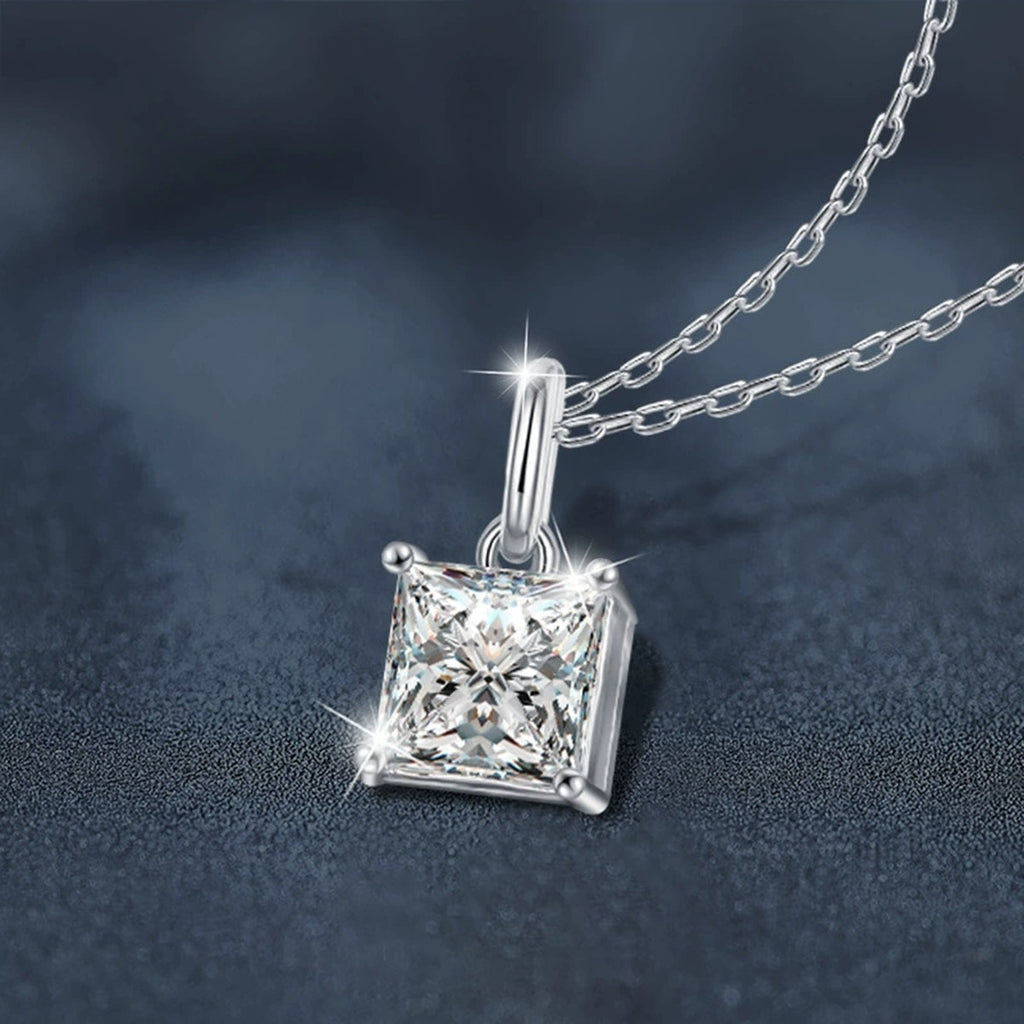 Princess Cut Moissanite Necklace in White Gold-Plated S925 sterling silver angled product detail view