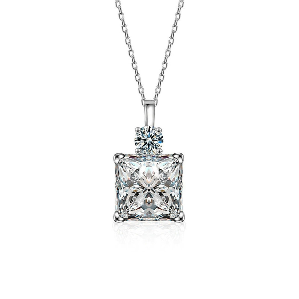 Ice Cube Princess Cut Moissanite Necklace with CZ in White Gold-Plated S925 sterling silver white background product photo showing ice-cube square pendant with a princess-cut moissanite and CZ frame