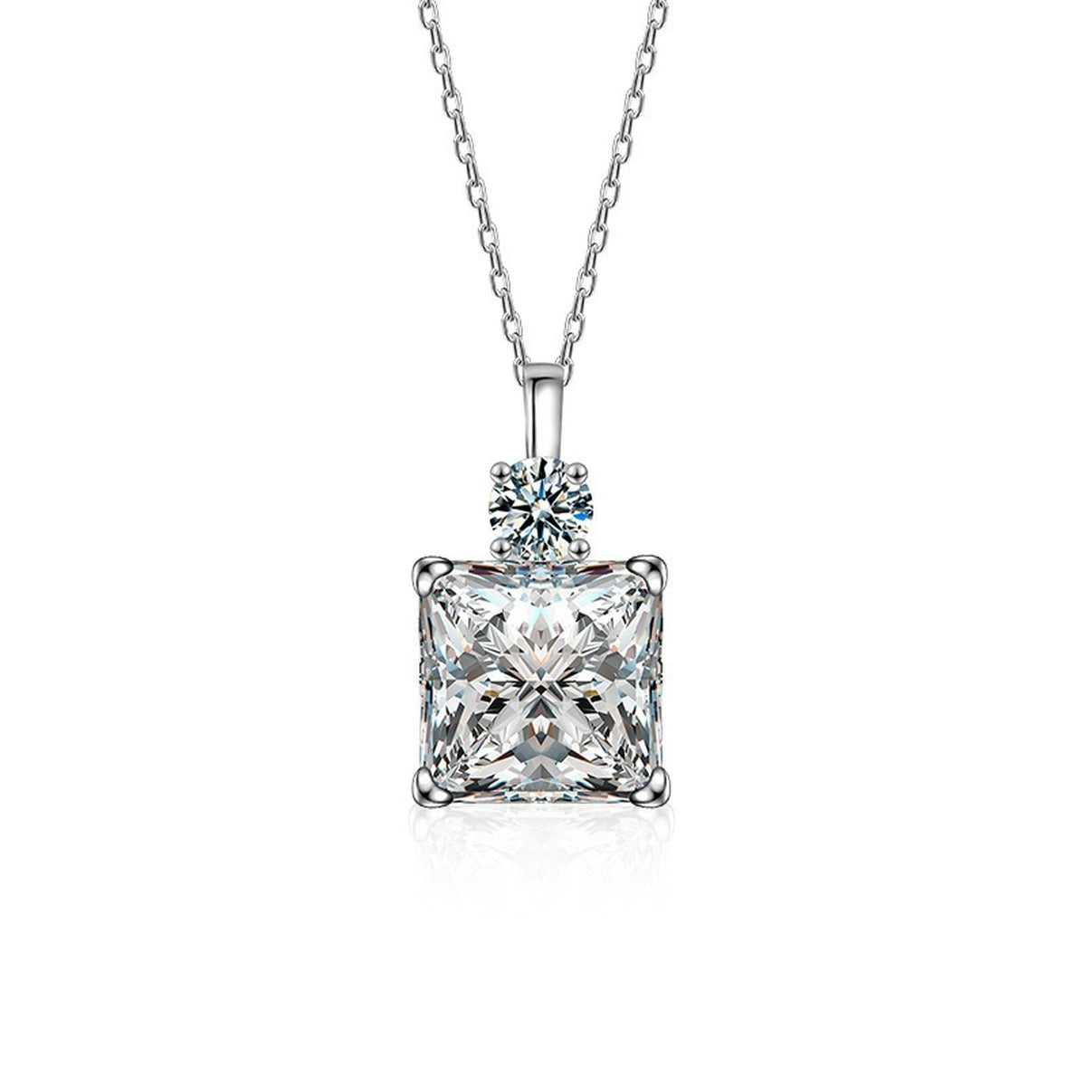 Ice Cube Princess Cut Moissanite Necklace with CZ in White Gold-Plated S925 sterling silver white background product photo showing ice-cube square pendant with a princess-cut moissanite and CZ frame
