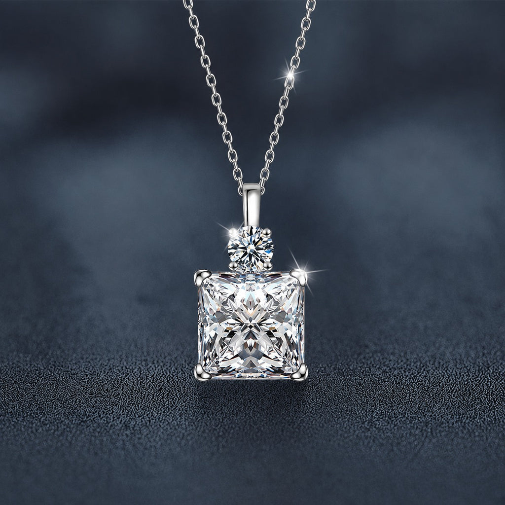 Ice Cube Princess Cut Moissanite Necklace with CZ in White Gold-Plated S925 sterling silver close-up product scene showing pendant setting