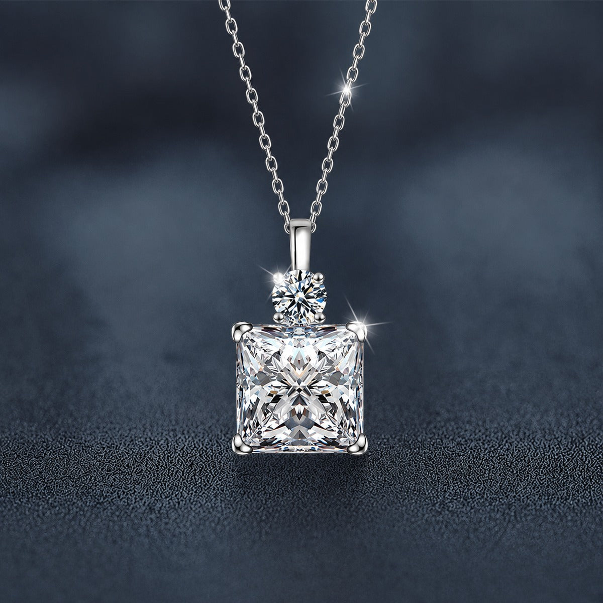Ice Cube Princess Cut Moissanite Necklace with CZ in White Gold-Plated S925 sterling silver close-up product scene showing pendant setting