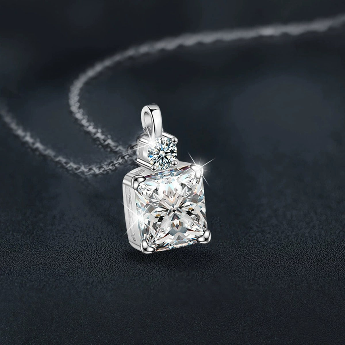 Ice Cube Princess Cut Moissanite Necklace with CZ in White Gold-Plated S925 sterling silver blue display scene showing chain and stone layout