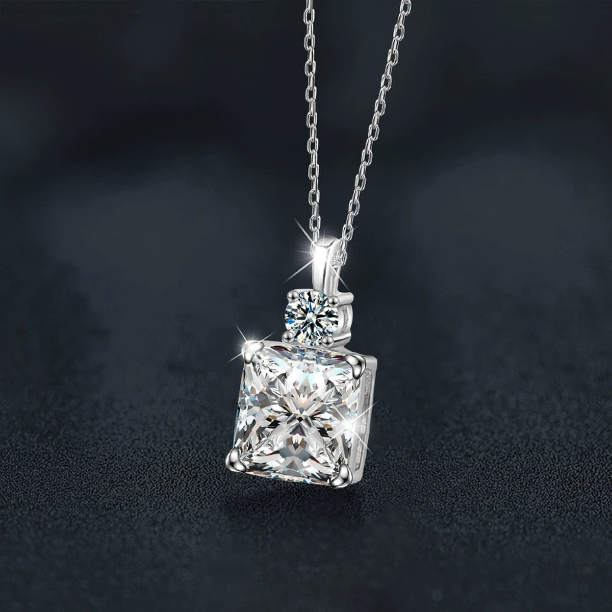Ice Cube Princess Cut Moissanite Necklace with CZ in White Gold-Plated S925 sterling silver angled product detail view