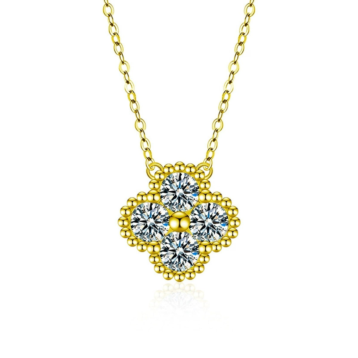 Four-Leaf Clover Round Moissanite Necklace in Gold-Plated S925 sterling silver white background front product view showing a beaded four-leaf clover formed from round moissanite clusters