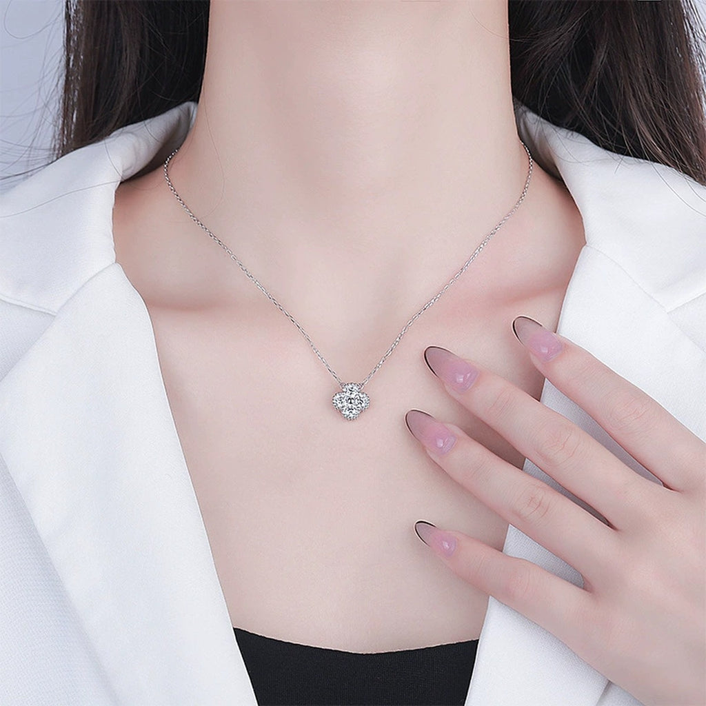 Four-Leaf Clover Round Moissanite Necklace in Gold-Plated S925 sterling silver neckline model view showing pendant scale and chain length