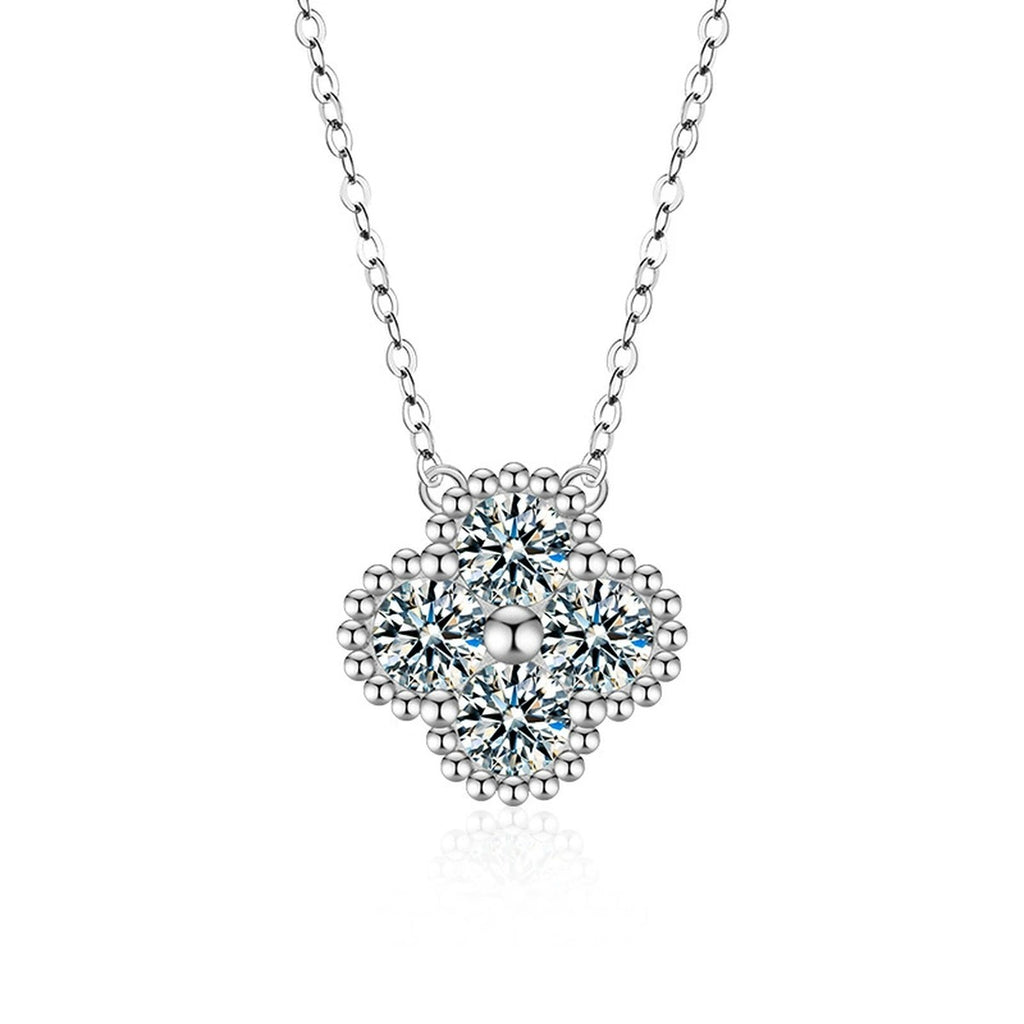 Four-Leaf Clover Round Moissanite Necklace in Gold-Plated S925 sterling silver alternate metal color white background product view showing a beaded four-leaf clover formed from round moissanite clusters