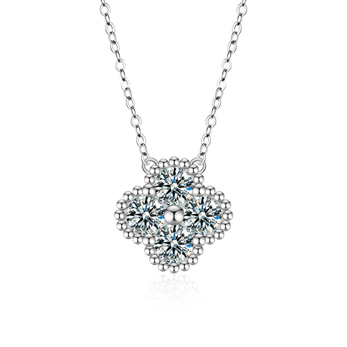 Four-Leaf Clover Round Moissanite Necklace in Gold-Plated S925 sterling silver alternate metal color white background product view showing a beaded four-leaf clover formed from round moissanite clusters