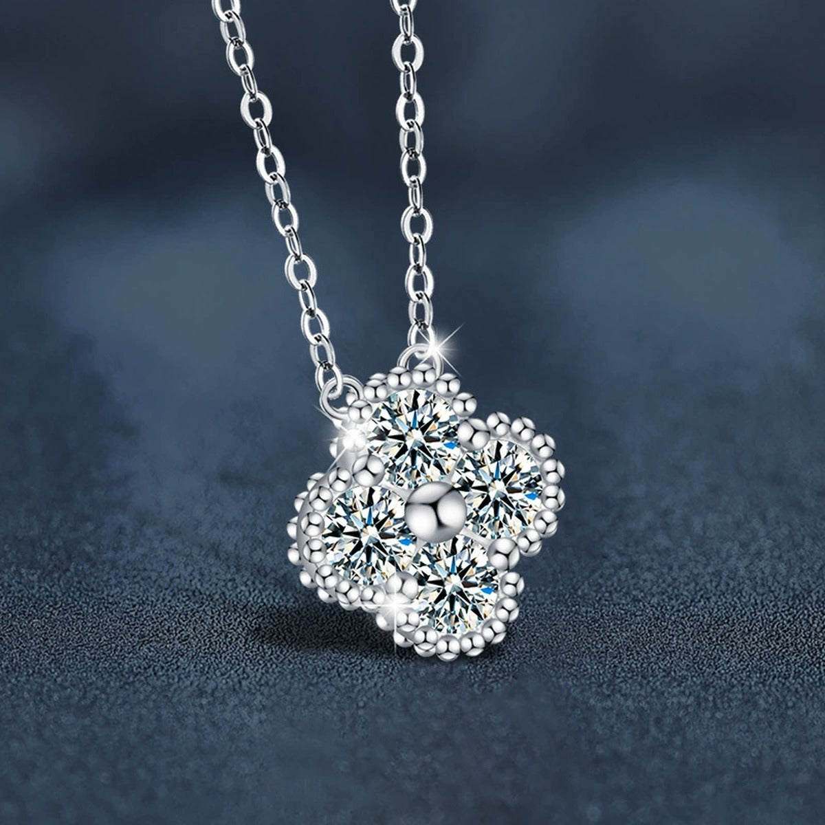 Four-Leaf Clover Round Moissanite Necklace in Gold-Plated S925 sterling silver display scene showing chain and stone layout