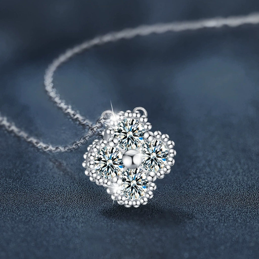 Four-Leaf Clover Round Moissanite Necklace in Gold-Plated S925 sterling silver angled product detail view