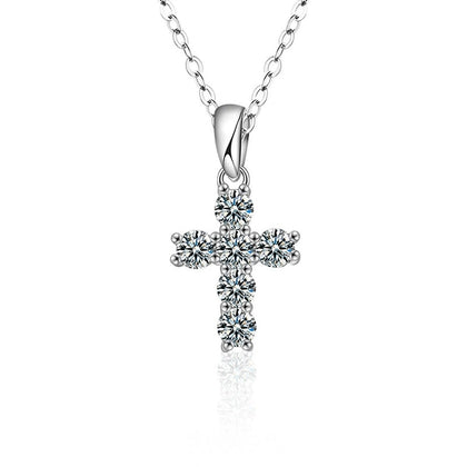 Cross Multi-Moissanite Necklace in White Gold-Plated S925 sterling silver white background product photo showing cross pendant set with multiple small round moissanite stones in a bright white gold-plated frame