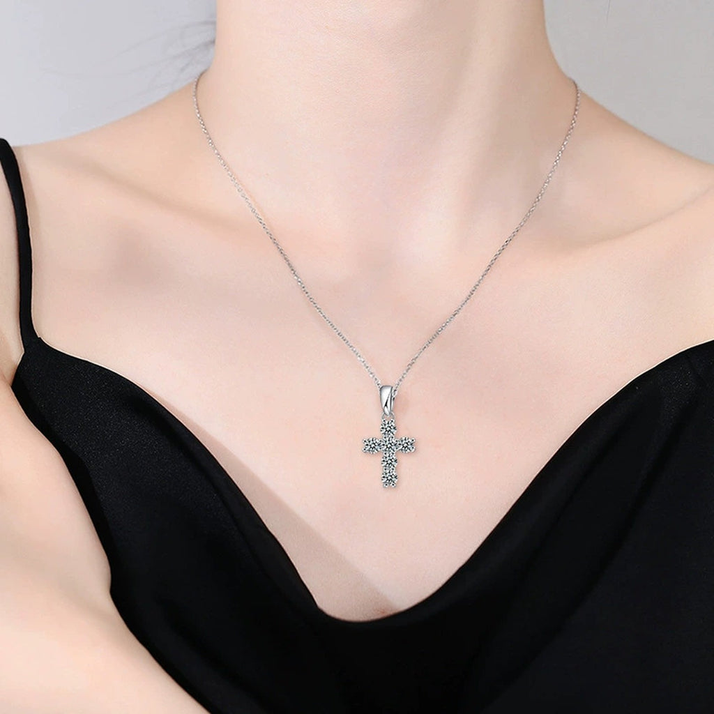 Cross Multi-Moissanite Necklace in White Gold-Plated S925 sterling silver neckline model view showing pendant scale and chain length