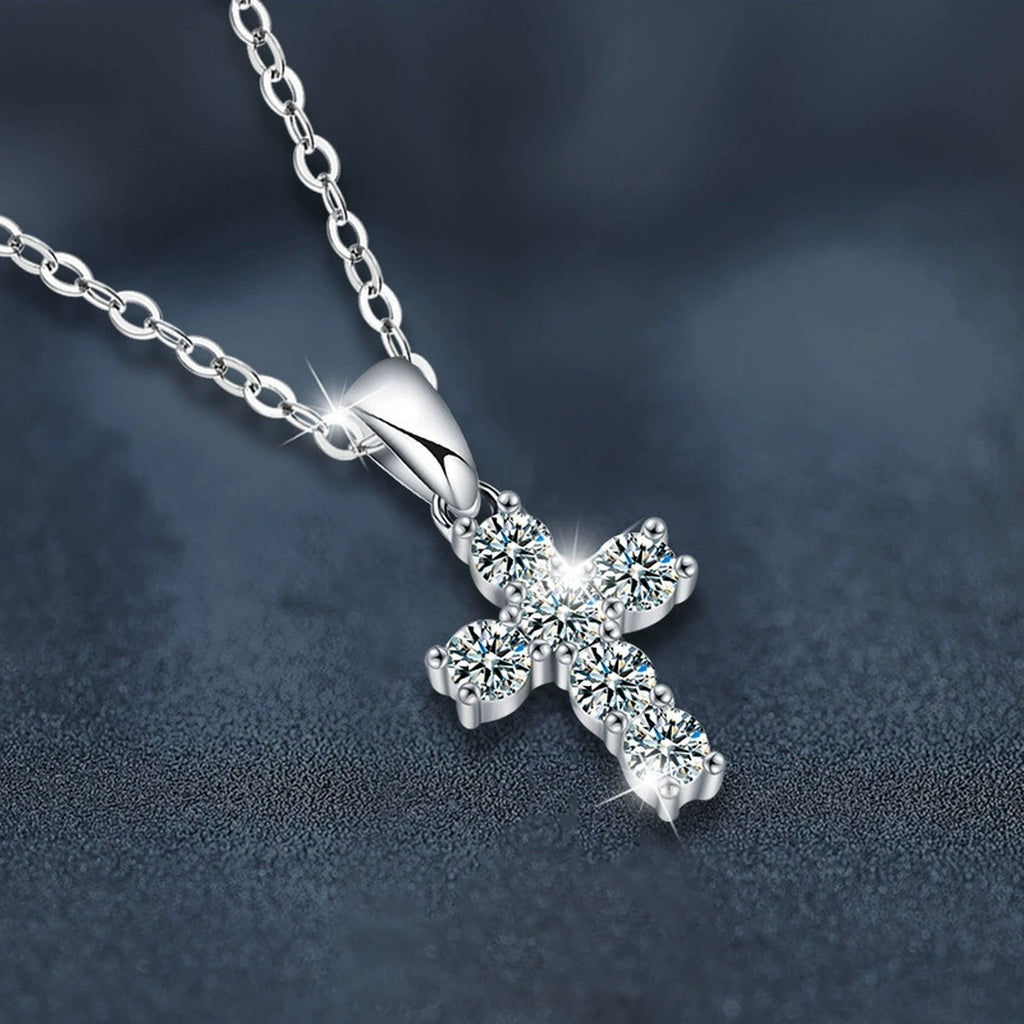 Cross Multi-Moissanite Necklace in White Gold-Plated S925 sterling silver close-up product scene showing pendant setting