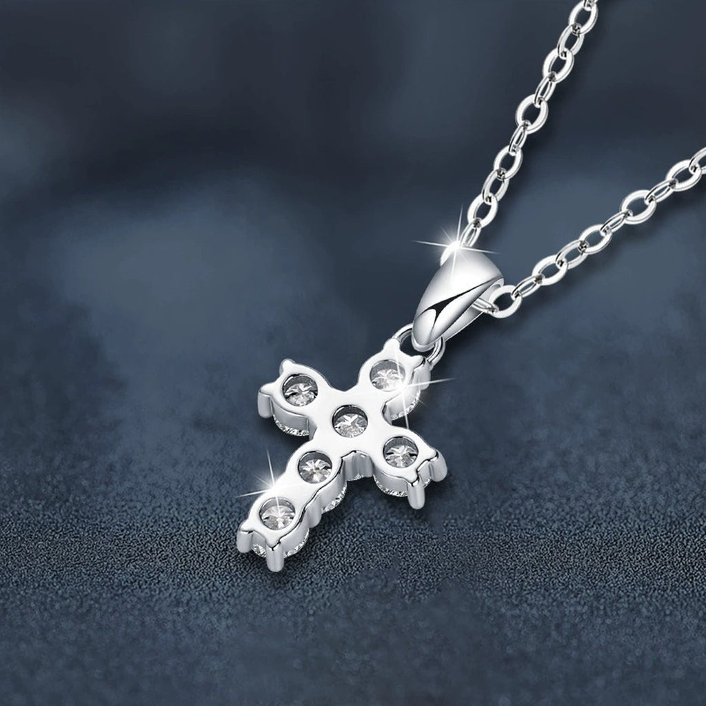Cross Multi-Moissanite Necklace in White Gold-Plated S925 sterling silver blue display scene showing chain and stone layout