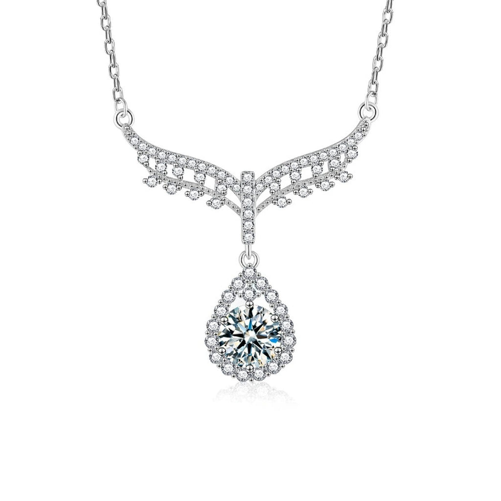 Angel Teardrop Round Moissanite Necklace with CZ in White Gold-Plated S925 sterling silver white background product photo showing angel wing and teardrop pendant with a 1 ct round moissanite and CZ accents