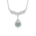 Angel Teardrop Round Moissanite Necklace with CZ in White Gold-Plated S925 sterling silver white background product photo showing angel wing and teardrop pendant with a 1 ct round moissanite and CZ accents