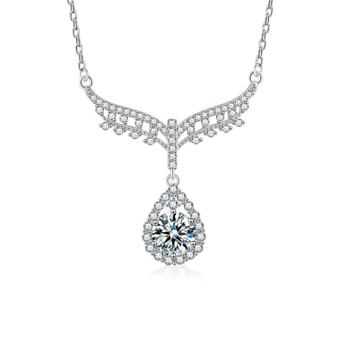 Angel Teardrop Round Moissanite Necklace with CZ in White Gold-Plated S925 sterling silver white background product photo showing angel wing and teardrop pendant with a 1 ct round moissanite and CZ accents
