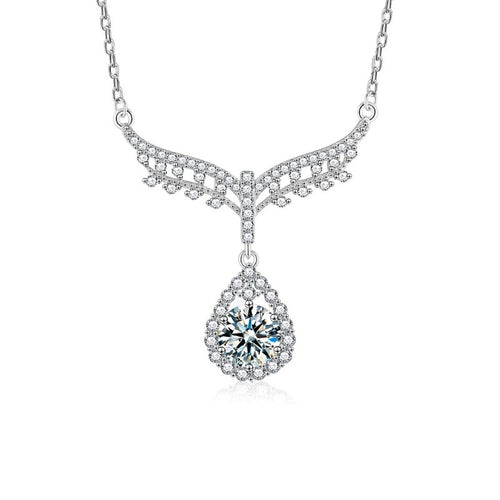 Angel Teardrop Round Moissanite Necklace with CZ in White Gold-Plated S925 sterling silver white background product photo showing angel wing and teardrop pendant with a 1 ct round moissanite and CZ accents