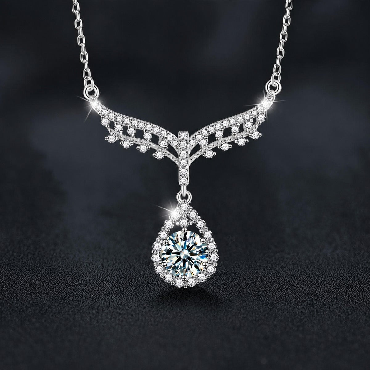 Angel Teardrop Round Moissanite Necklace with CZ in White Gold-Plated S925 sterling silver close-up product scene showing pendant setting