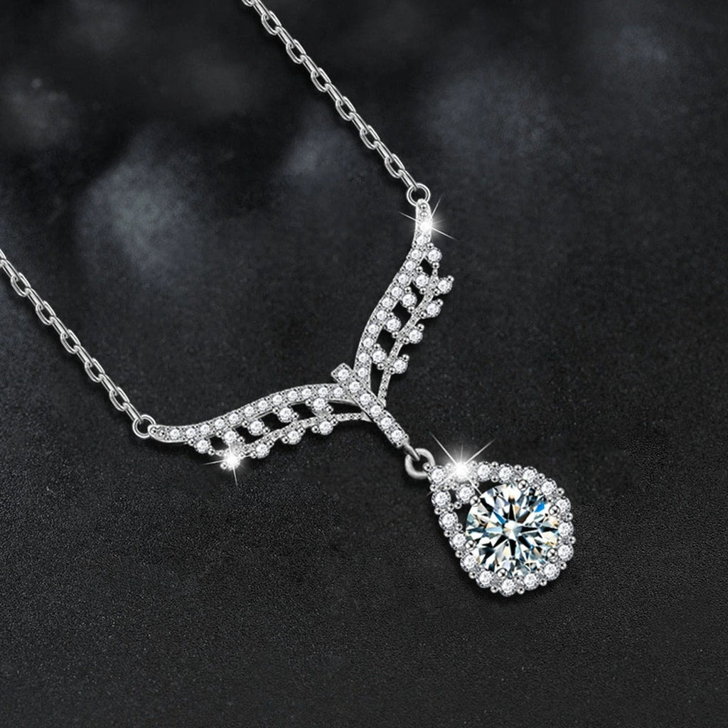 Angel Teardrop Round Moissanite Necklace with CZ in White Gold-Plated S925 sterling silver blue display scene showing chain and stone layout