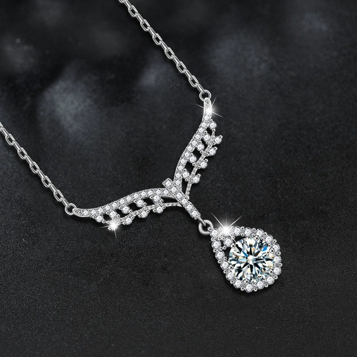 Angel Teardrop Round Moissanite Necklace with CZ in White Gold-Plated S925 sterling silver blue display scene showing chain and stone layout
