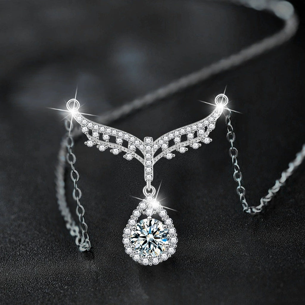 Angel Teardrop Round Moissanite Necklace with CZ in White Gold-Plated S925 sterling silver angled product detail view