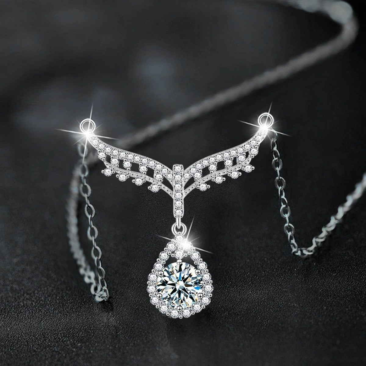 Angel Teardrop Round Moissanite Necklace with CZ in White Gold-Plated S925 sterling silver angled product detail view