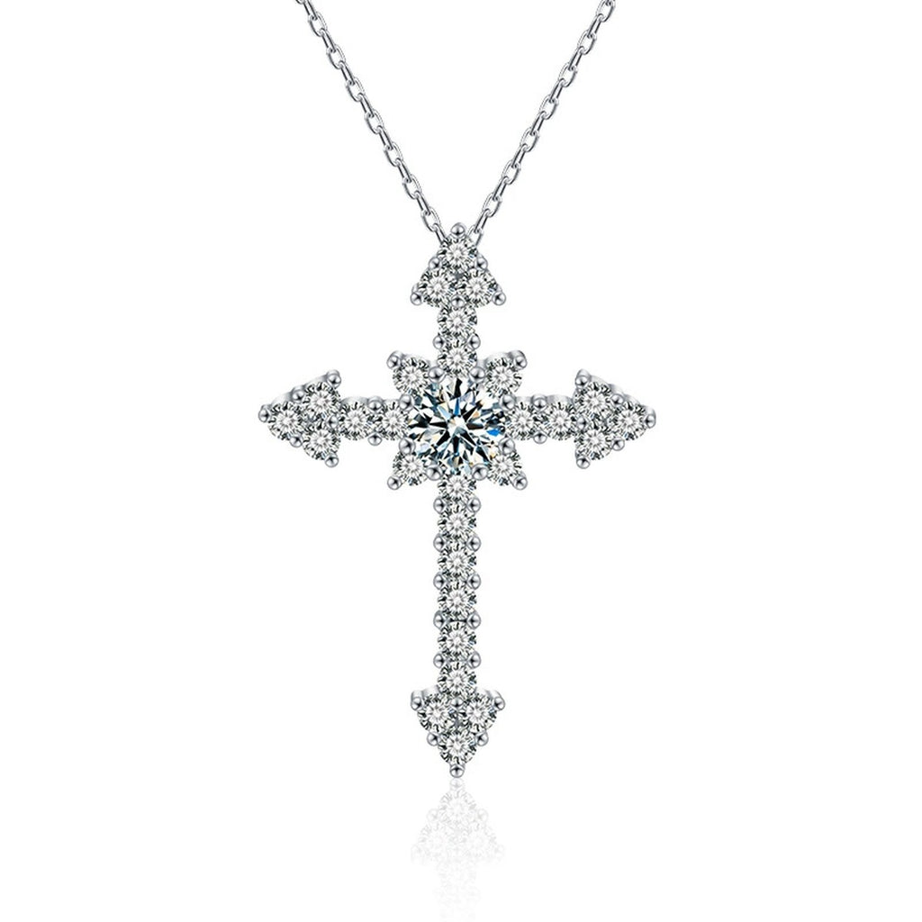 Cross Round Moissanite Necklace with CZ in White Gold-Plated S925 sterling silver white background product photo showing cross pendant with a 5mm round moissanite center and CZ-set arms