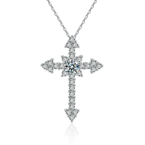 Cross Round Moissanite Necklace with CZ in White Gold-Plated S925 sterling silver white background product photo showing cross pendant with a 5mm round moissanite center and CZ-set arms