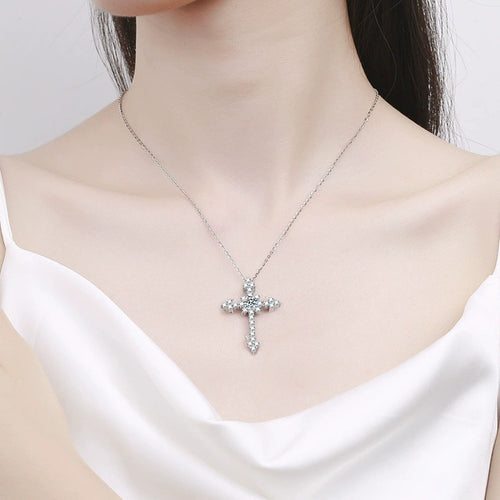 Cross Round Moissanite Necklace with CZ in White Gold-Plated S925 sterling silver neckline model view showing pendant scale and chain length