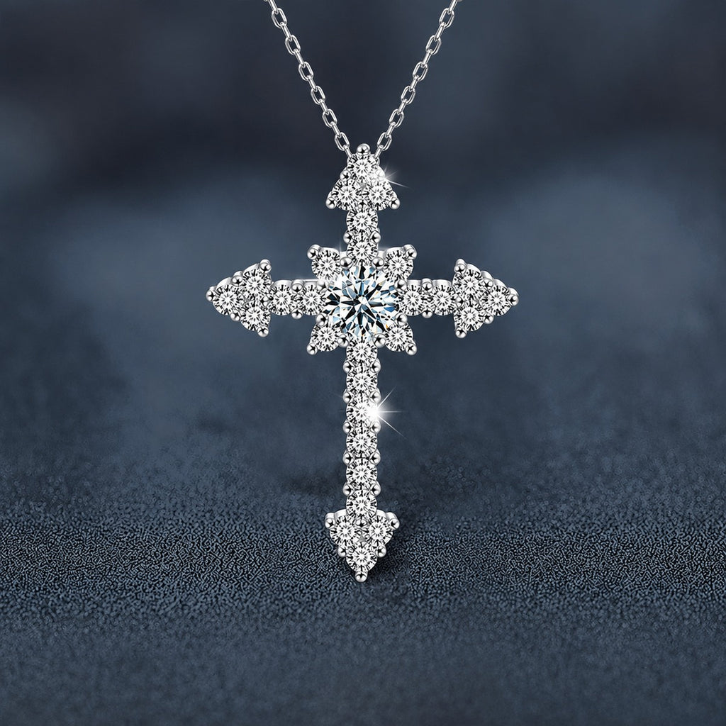 Cross Round Moissanite Necklace with CZ in White Gold-Plated S925 sterling silver close-up product scene showing pendant setting