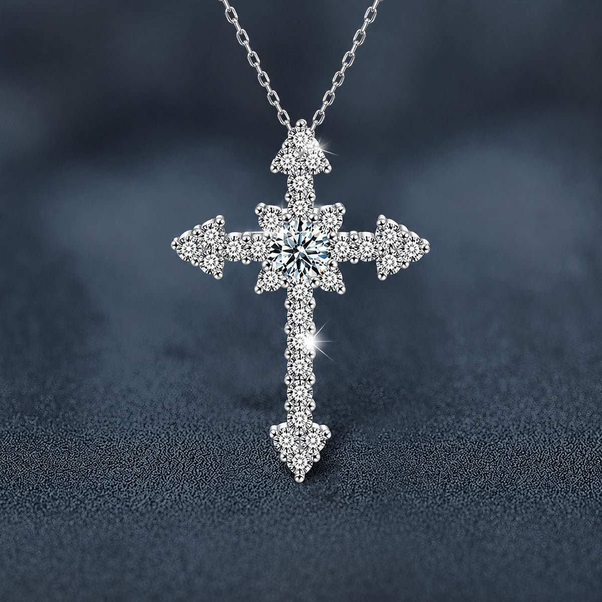 Cross Round Moissanite Necklace with CZ in White Gold-Plated S925 sterling silver close-up product scene showing pendant setting