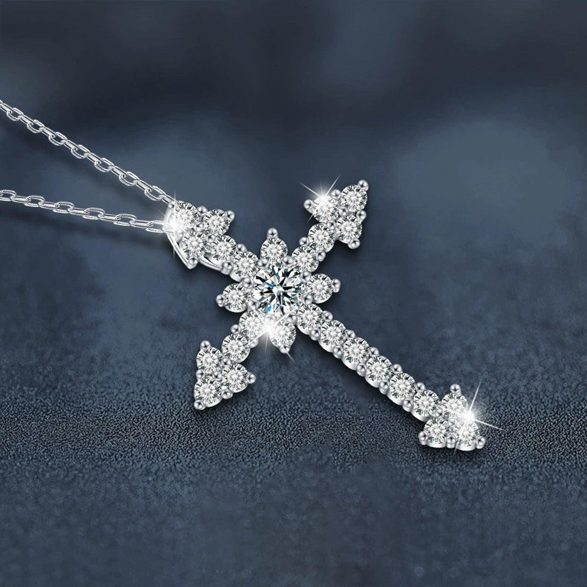 Cross Round Moissanite Necklace with CZ in White Gold-Plated S925 sterling silver blue display scene showing chain and stone layout