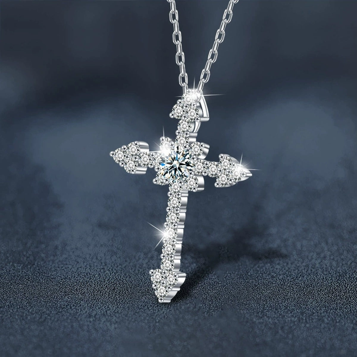 Cross Round Moissanite Necklace with CZ in White Gold-Plated S925 sterling silver angled product detail view