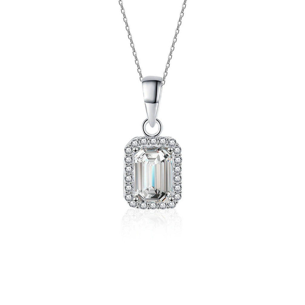 Emerald Cut Moissanite Halo Necklace with CZ in White Gold-Plated S925 sterling silver white background product photo showing emerald-cut moissanite halo pendant with CZ detail in a slim vertical setting